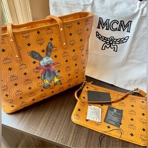 RARE!! Limited edition MCM Cognac Visetos Tote with Multicolor Bunny Motif😍